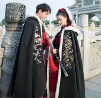 menwomen hanfu cloak chinese ancient traditional winter black red hooded cape adult new year costume for couples plus size