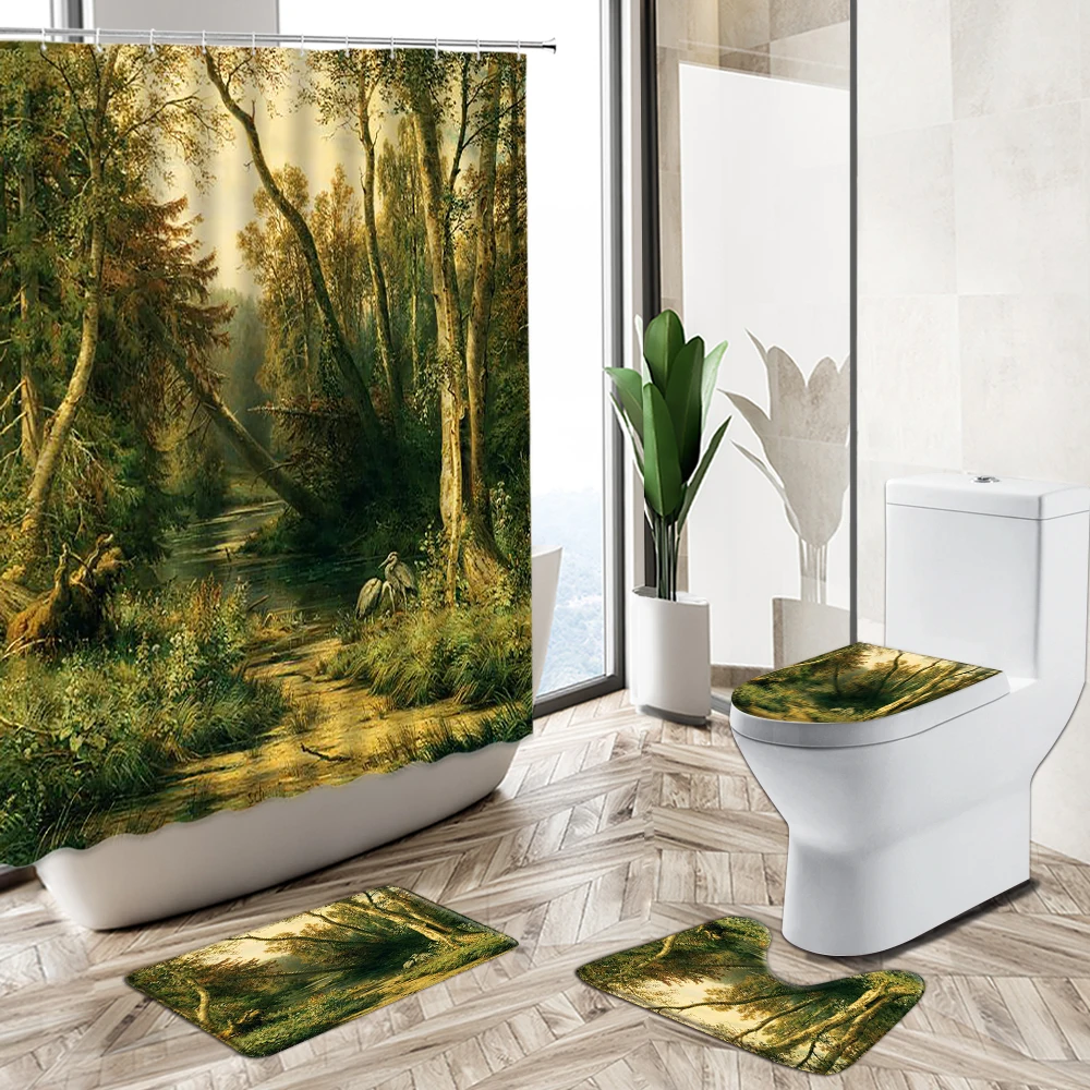 Prezzo Foresta Tropicale Alberi Scenario Tenda Da Doccia Set 3D Primavera Sole Pianta Verde Paesaggio Naturale Tappetino Da Bagno Tappeto Copriwater