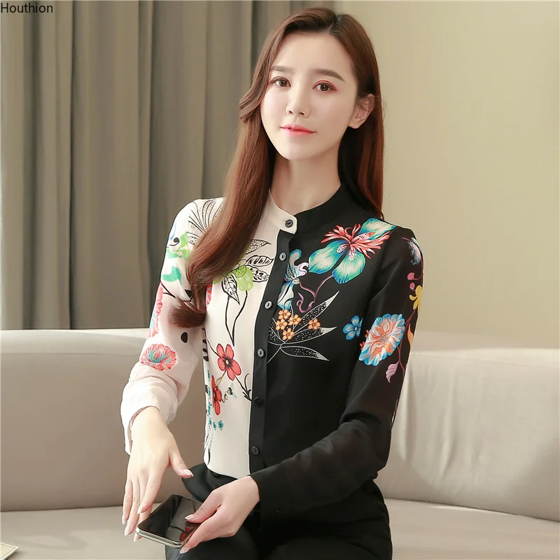 

Silk Print Women's Blouses Long Sleeved New Stand-up Collar Casual Loose Shirt Fashion Top Lady Sexy Clothing Houthion