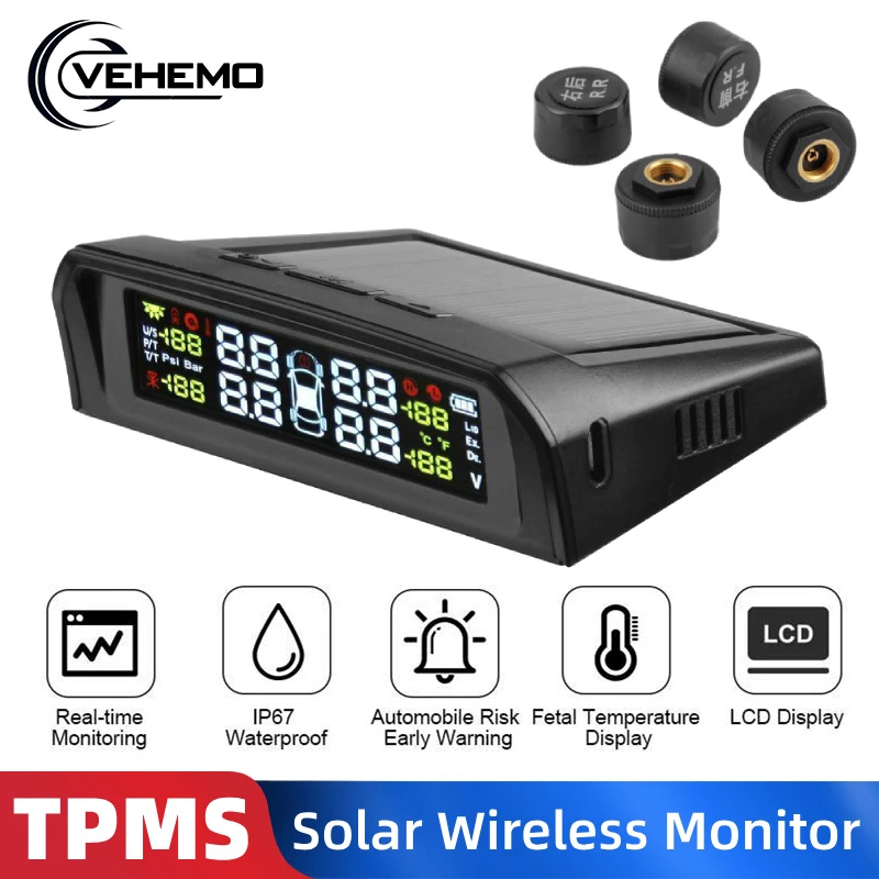 Беспроводная Солнечная USB TPMS портативная система контроля давления в шинах с 4