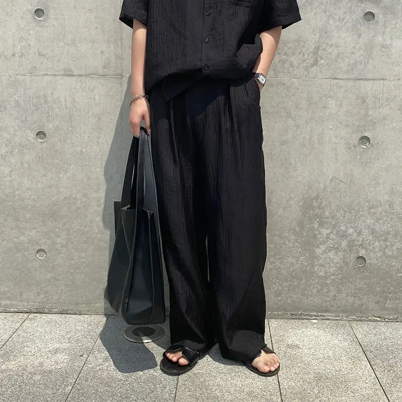 

Solid Color Pleated Pants Men's Korean Fashion Loose Casual Pants Men's Harajuku Streetwear Wide-leg Straight Ice Silk Pants Men