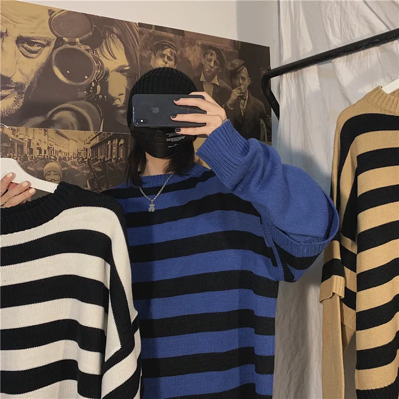 LAPPSTER Men Harajuku Oversized Sweater Fall Pullover Man Fake Two Pieces Streetwear Sweater Korean Fashion Striped Clothes