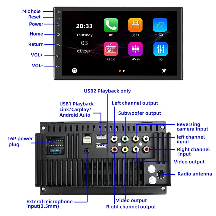 Автомагнитола 2DIN AHD Carplay Android 10 AM FM 2.5D 7 дюймов Maltimedia стерео DSP и RDS 2 Гб + 32 ГБ