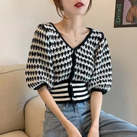 retro and versatile short sleeve contrast v neck bubble sleeve short striped knitted cardigan t shirt for women