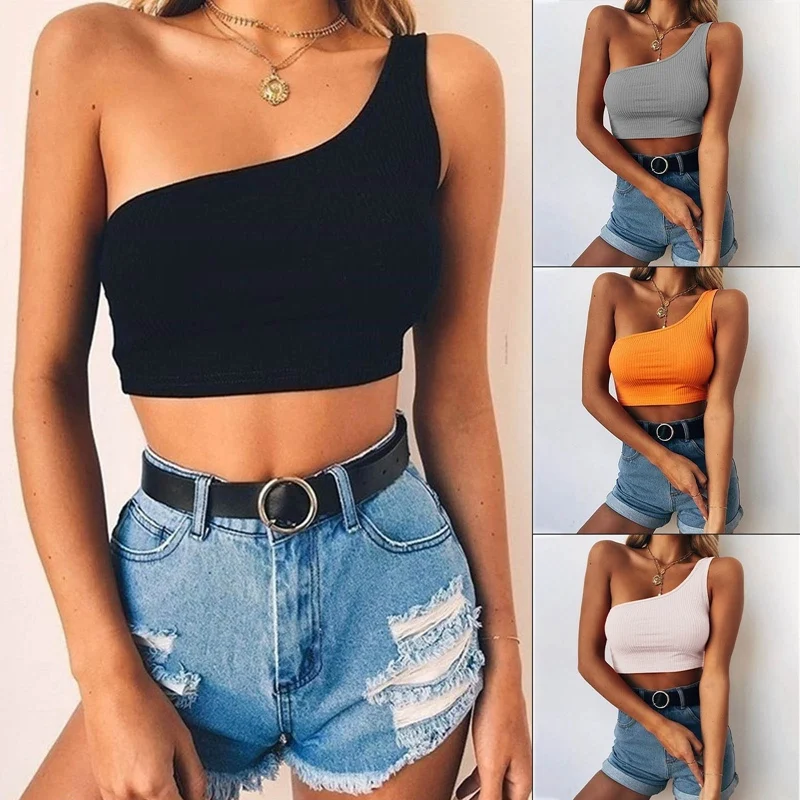 

Summer Tank Tops One Shoulder Knitwear Beach Holiday Streetwear Women Fashion Camis Sexy Crop Top Plus Size European Vest 2021