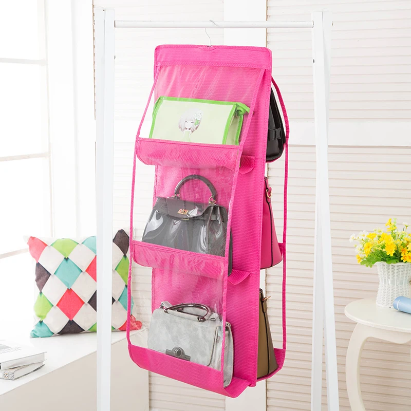 6 Pocket Clear Handbag Hanging Storage Bag 3 Layer Foldable Anti-dust Organizer Hanger Sanitary Pouch Wardrobe Closet Rack Bags | Дом и сад