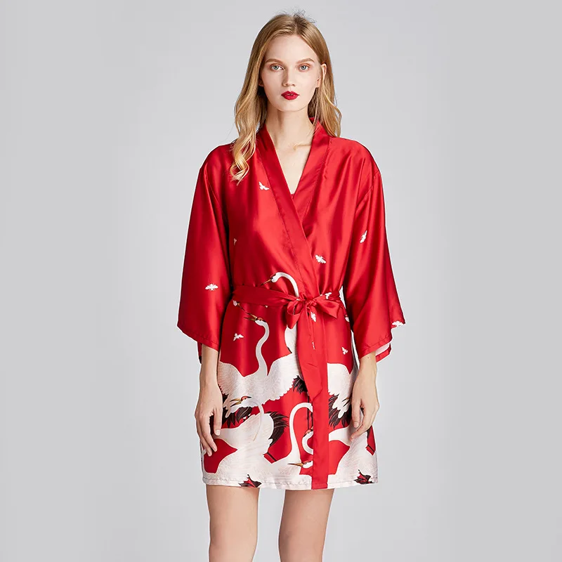 

Print Bathrobe Sexy Women Robe Kimono Gown Loose Satin Sleepwear Nightwear Casual Home Dressing Gown Summer New Homewear