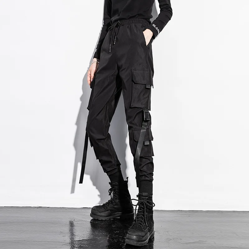 

Cargo Pants Women's Multi-pocket Motorcycle Pants High Waist Pencil Pants Ladies Hip Hop Pants with Ribbon Drawstring Streetwear