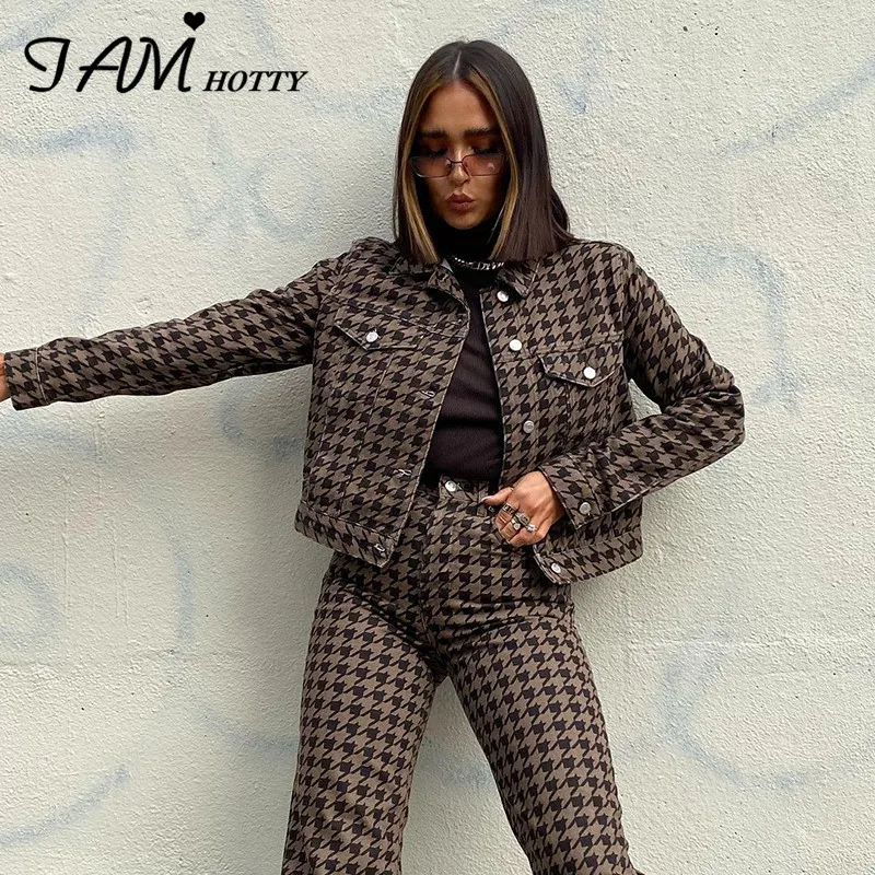 В винтажном стиле с узором гусиная лапка и принтом укороченная куртка для женщин