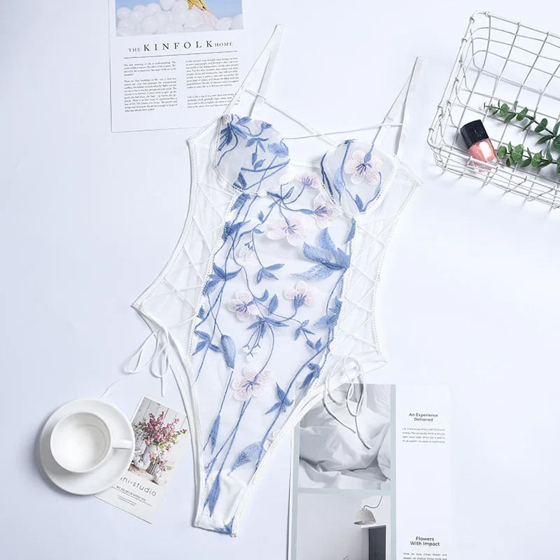 

Women ubderwear Sexy classic embroidered mesh lace Lingerie cross strip erotic one-piece bodysuit