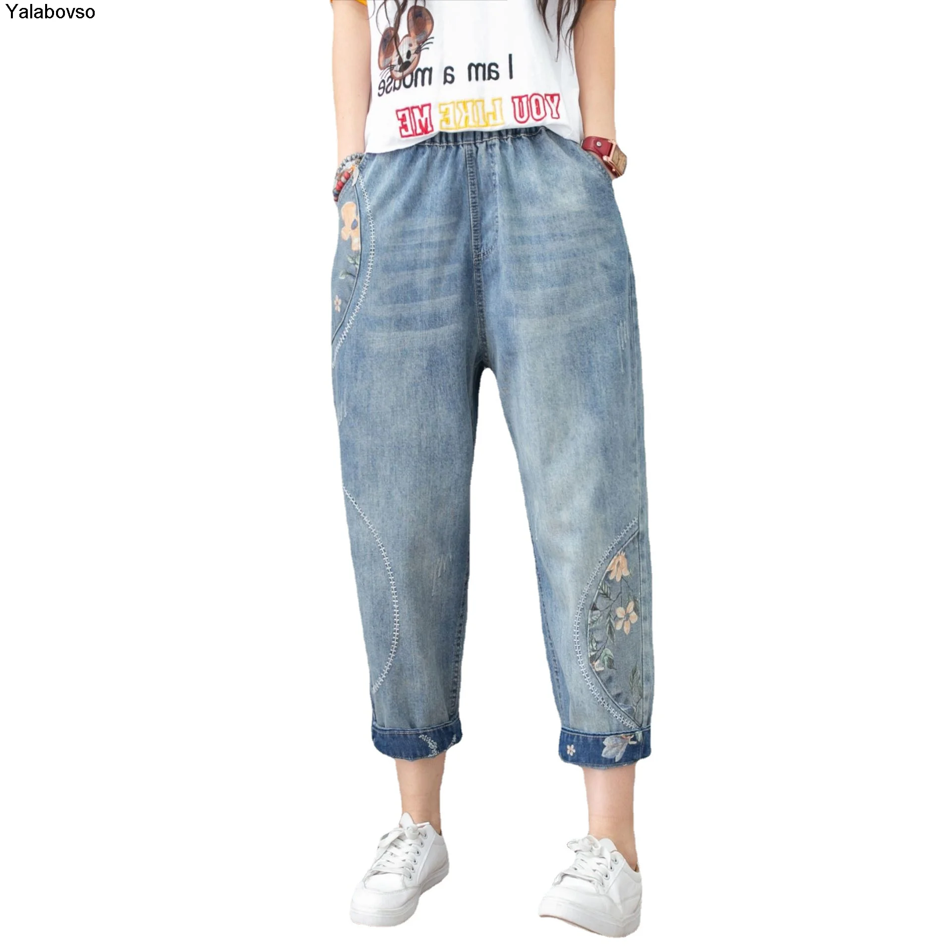 

Elastic Waist Denim Washed Cloth Embroidery Casual Loose Calf-lenght Jeans Mujer Women Trousers Soft Ripped