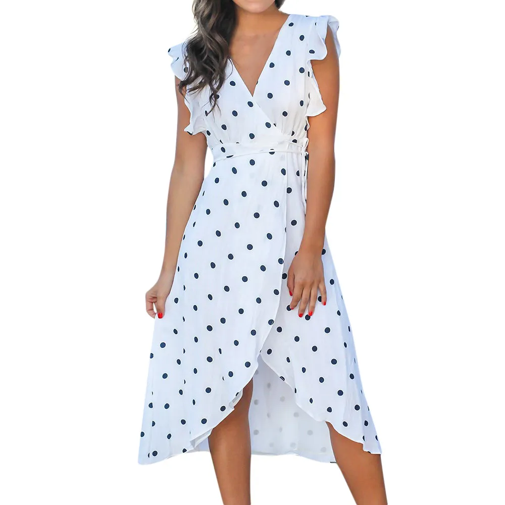 Женское летнее платье без рукавов белое Повседневное в горошек расклешенное с