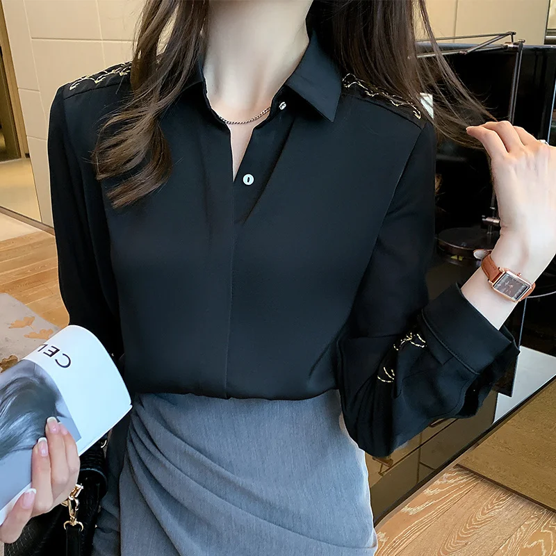 

Business Shirt Women's 2021 Autumn Western Style Loose Top Wristband Embroidery Shirt