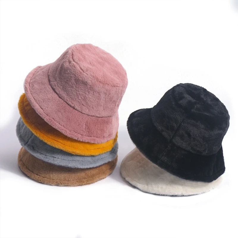 

Women Winter Fuzzy Plush Bucket Hat Ear Warmer Short Brim Sunscreen Round Top Thicken Windproof Packable Fisherman Cap