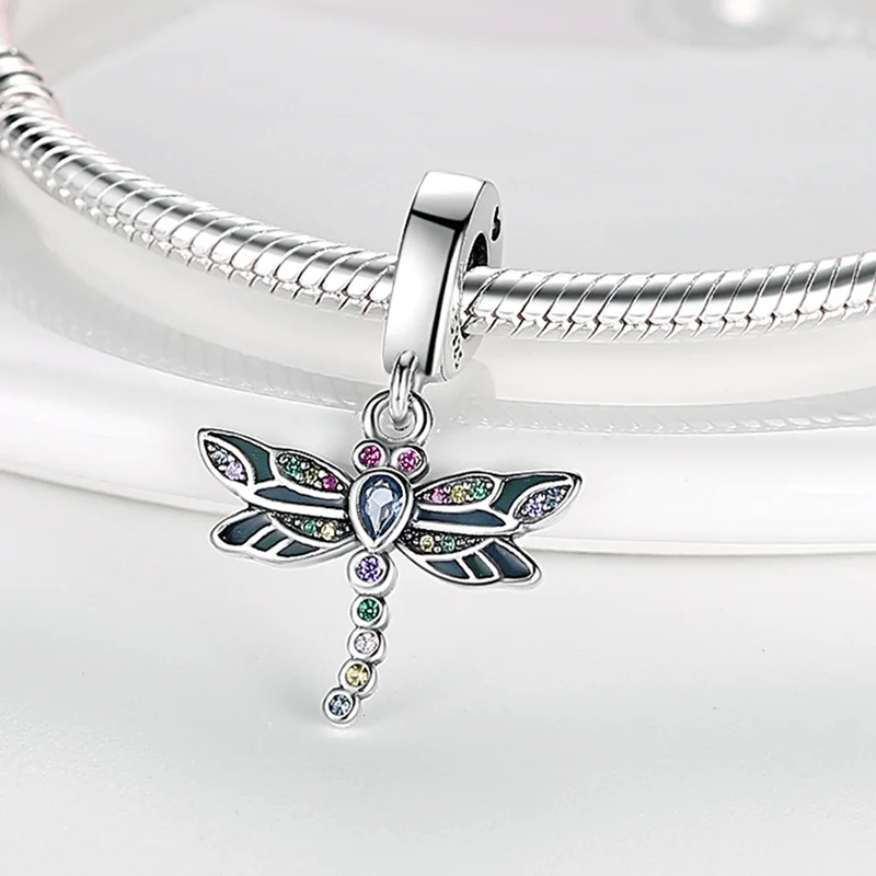 

plata charms of ley 925 original Fit Original Pandach Bracelet Necklace Colorful Dragonfly Pendant Charms Beads Women Jewelry