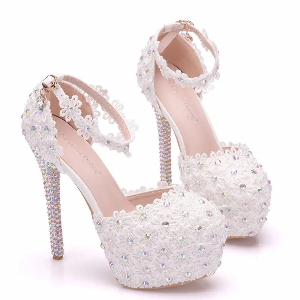 

Crystal Queen 14cm Super High Block Heels White Lace Pearls Wedding Shoes Bride Ankle Strap Woman Sandals Brides