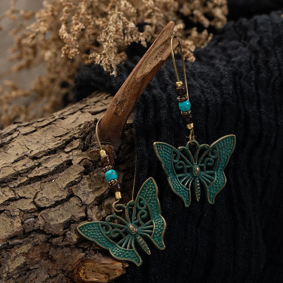 Boho винтажные античные длинные висячие серьги с зеленой бабочкой для женщин za модный подарок для свадьбы индийские аксессуары и украшения