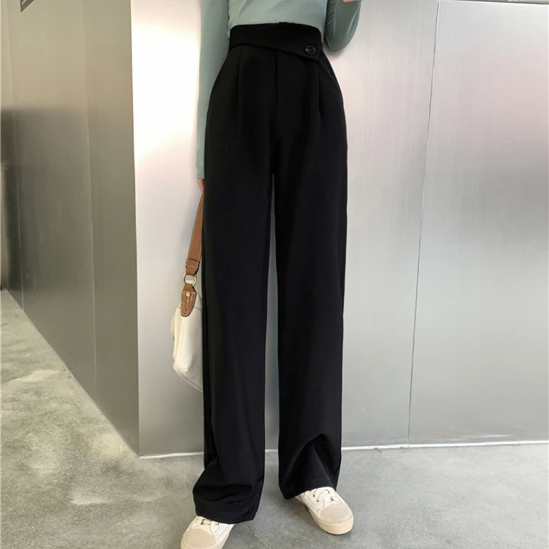 

Women High Street Fashion Button Office Pants 2021 Spring New Casual Wide Leg Solid Color Ladies Long Pants Trousers Pop Elegant