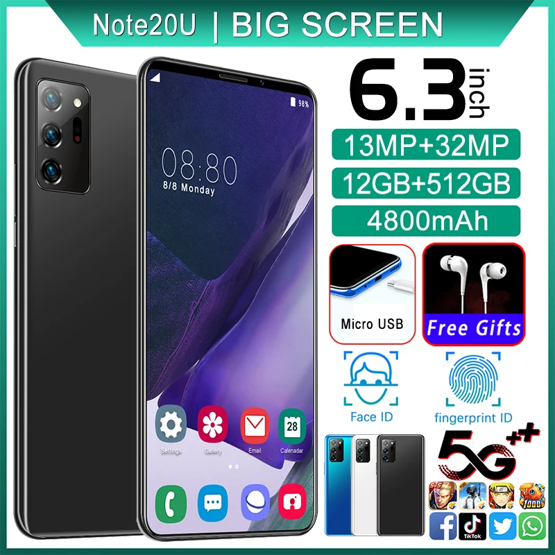 

Смартфон Note20U 12 + Глобальная версия ГБ, 13 + 32 МП, Android 10, 10-ядерный процессор MTK6889, две SIM-карты, 4G, 6,5 дюйма, 512