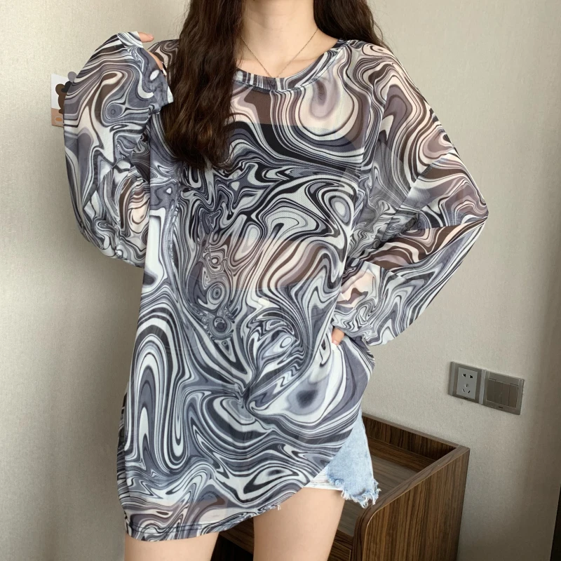 

2021 Tie Dye O-Neck Long Sleeve Casual T Shirt Women Korean Fashion Summer Tops Thin Camisetas De Mujer Tee Shirt Femme Clothing