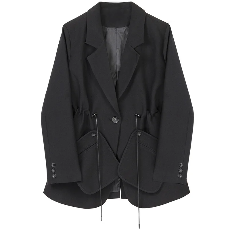 Женский свободный пиджак на одной пуговице с карманами и кулиской осенняя