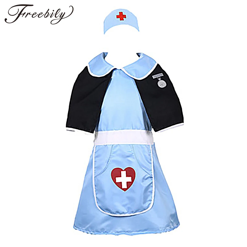 

Kids Halloween Cosplay Nurse Costume Short Sleeve Lapel Collar Dress with Cape Hat Sets Children Roleplay Theme Party Dress Up