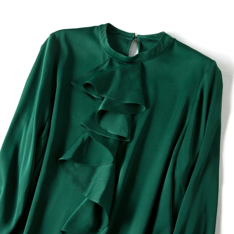 Женская футболка с длинным рукавом 100% шелк тутового шелкопряда оборками