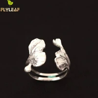 real 925 sterling silver jewelry retro ginkgo leaf open rings for women original design vintage femme popular accessories 2022
