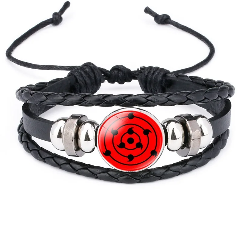 

New Shippuden Anime Leather Bracelet Uchiha Sasuke Icon Glass Round Photo Handmade Beaded Bracelets Fashion Fans Gift