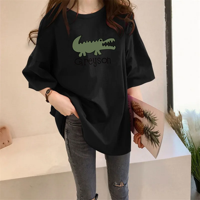 

2021 Summer Women's New Mid Long T-shirt Loose T-shirt Kawaii Cartoon Printed Women's T-shirt