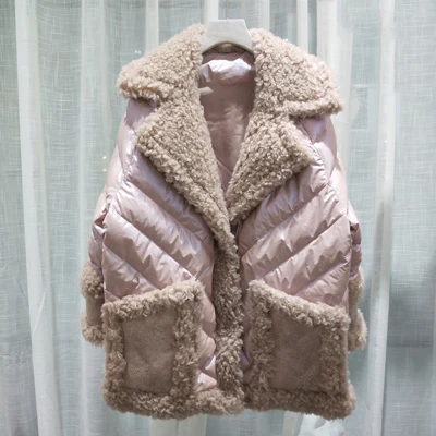 pink Натуральное шерстяное пальто Зимняя Женская 90% белая куртка-пуховик однотонная куртка с отложным воротником Новое поступление Толстая теплая верхняя одежда - Цвет: pink
