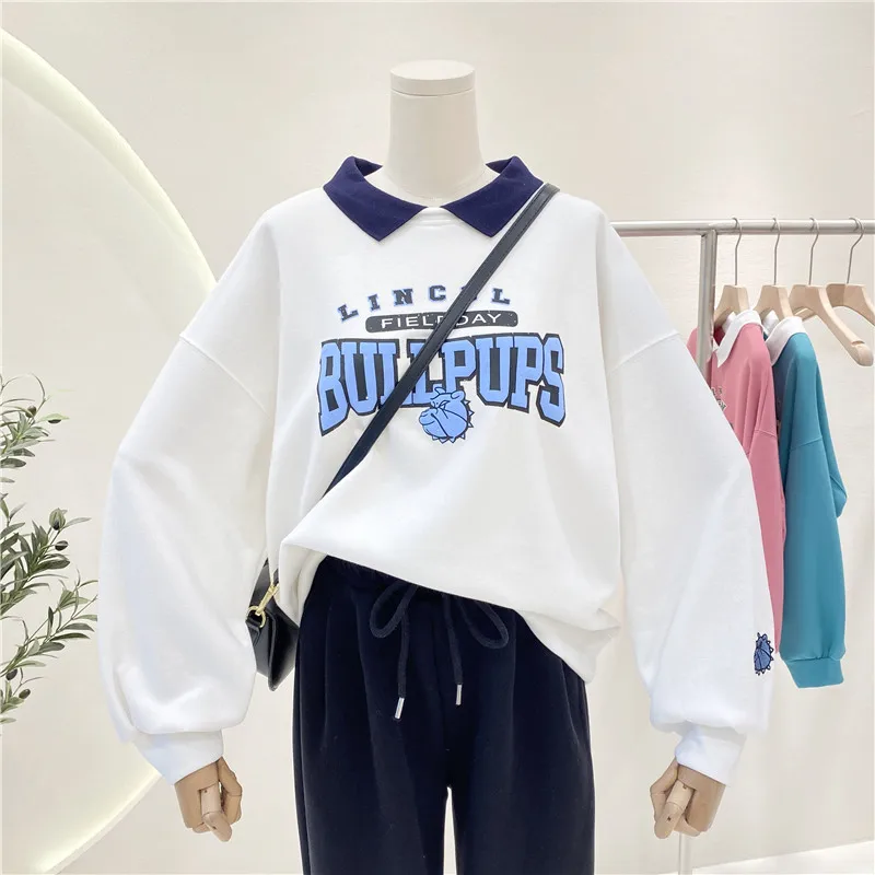 

Женский пуловер в стиле преппи с мультяшным принтом, свитшот с длинным рукавом контрастных цветов, с отложным воротником, свободные повседн...