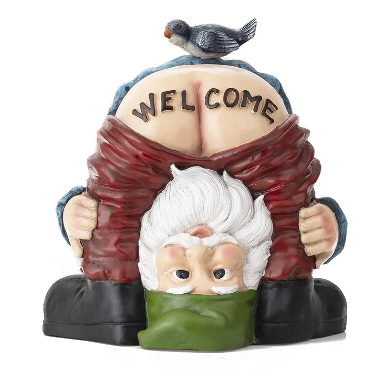 

Funny Welcome Gnome with Bird Statue Decorative Prank Dwarf Resin Doll Craft for Garden Entrance 13.8*15cm JS23