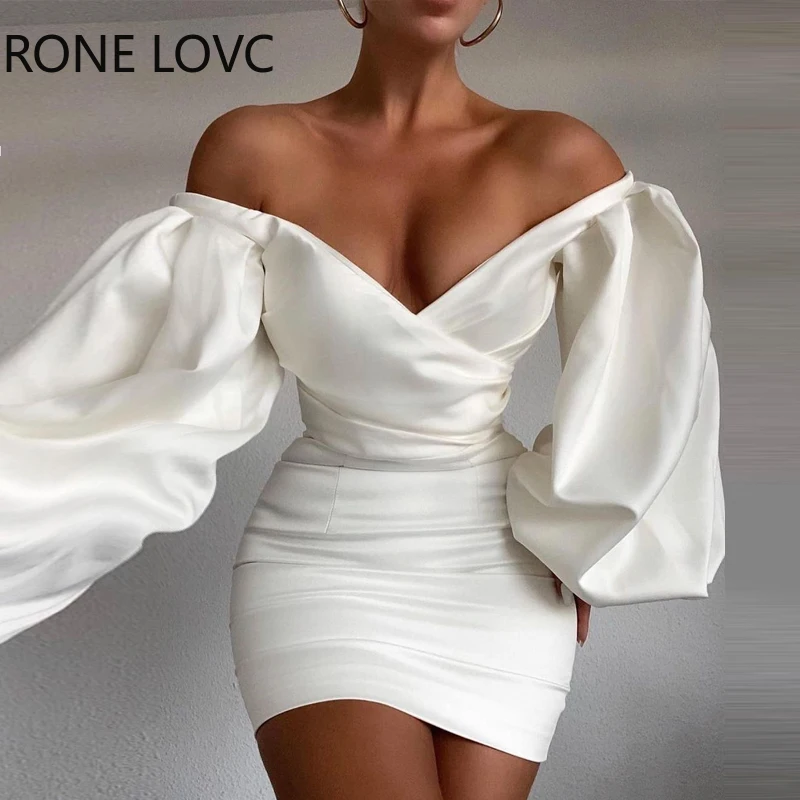 

Женское однотонное облегающее платье с V-образным вырезом и рукавами-фонариками