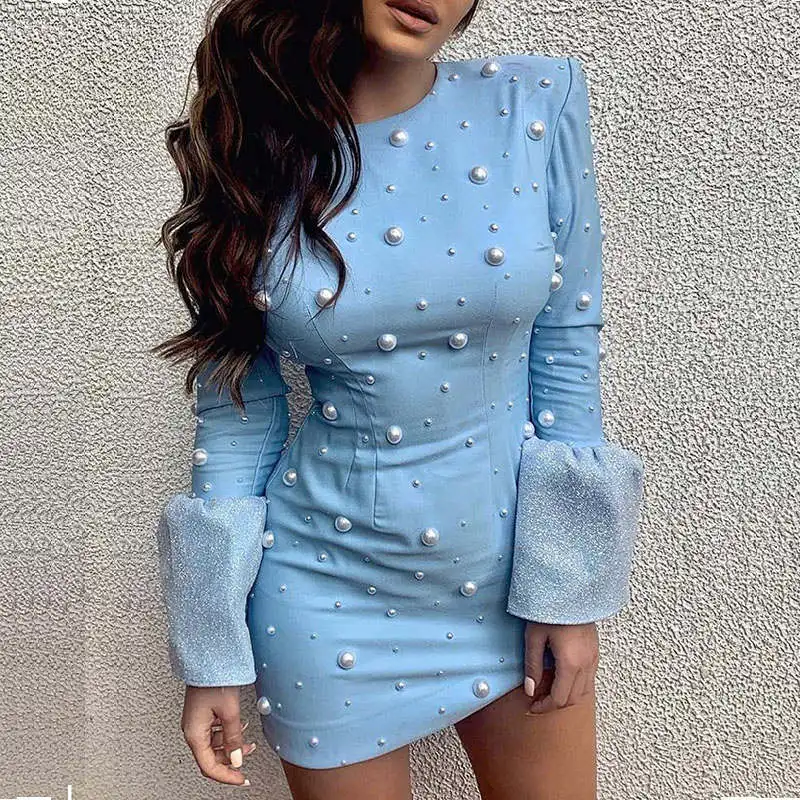 Женское платье с жемчужинами и бусинами синие вечерние мини-платья длинным