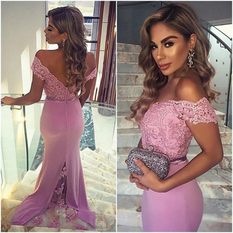

Popular Lilac Prom Dress Long Mermaid Off the Shoulder Lace Appliques Light Purple Evening Party Formal Wear with Sash Sweep