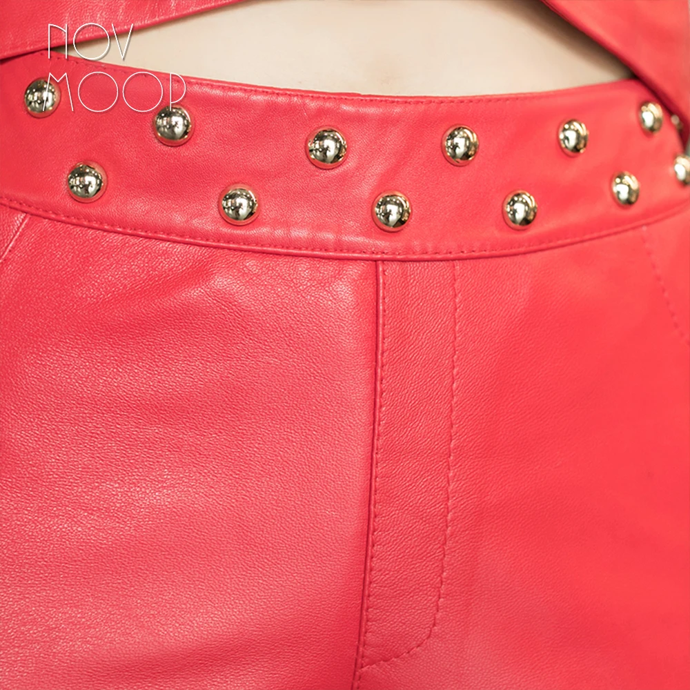 Novmoop декорированные заклепками стрейч кожа сплайсинга овчина натуральная узкие