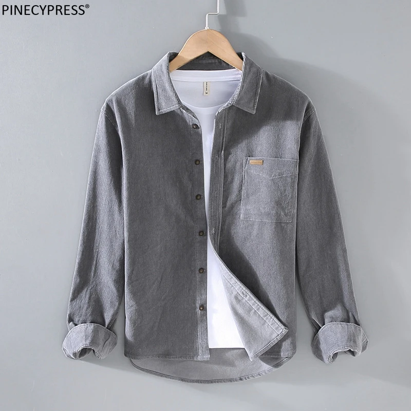 

100% Cotton Soft Anti-pilling Anti-static Casual Corduroy Long-Sleeved Male Pocket Fashion Man Grey Green Spring Men Shirt