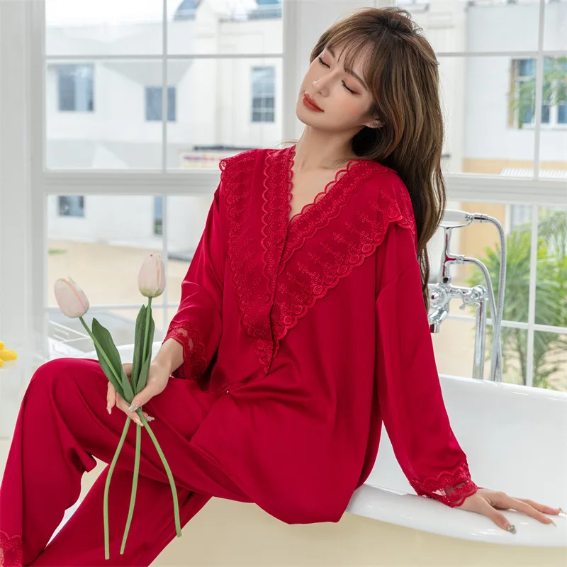 

Ice Silk Pajamas Women's Long-Sleeved Sexy Lace Court Style Autumn and Winter Solid Color Simple Loose Large Size Silk Home Wear