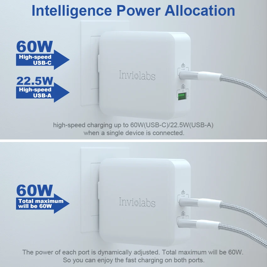 Два порта USB C type настенное зарядное устройство с мощностью 60 Вт FastPort DUO