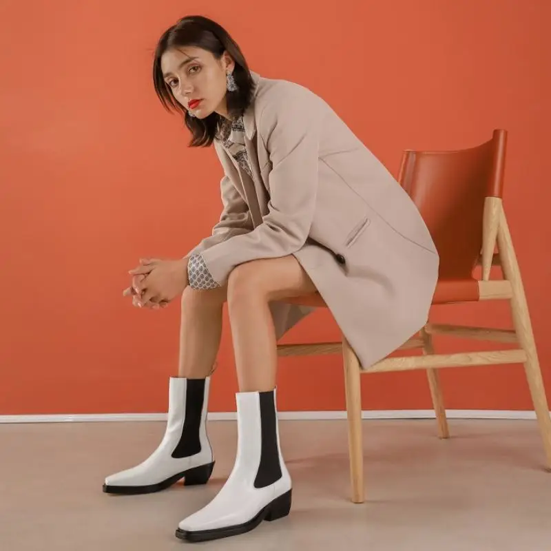 

Rizabina 2021 New Fashion Real Leather Ankle Boots High Quality Square Toe Slip On Elastic Low Heel Shoes Footwear Size 34-43