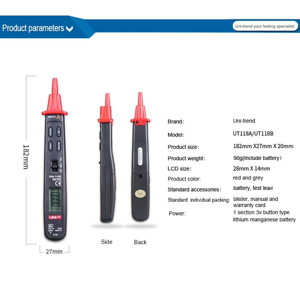 

UNI-T UT118B Digital Multimeter Handheld AC/DC Voltmeter Ammeter Capacitance Resistance Diode Tester Pen With LCD Display