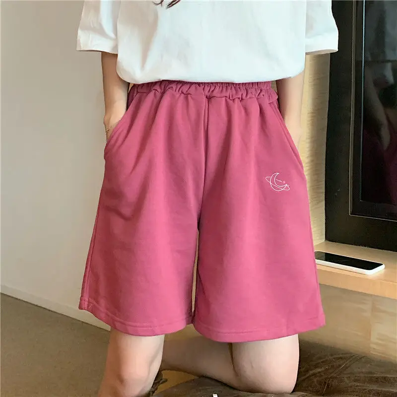 

Shorts Women Pattern Embroidery Lovely Loose Casual Elastic Waist Daily Harajuku Korean Style Womens Knee-length Workout Wear