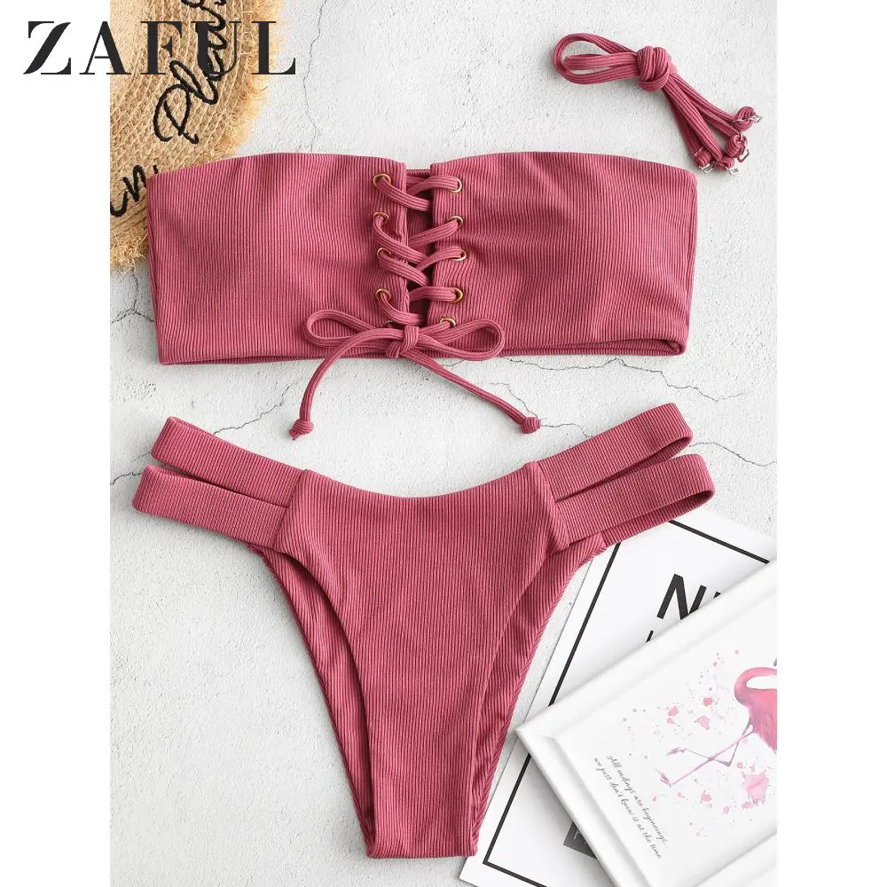 

ZAFUL Bikini Women Ribbed Bandeau Lace Up Bikini Swimsuit Sexy Push Up Bathing Suit Solid Cut Out Swimwear Summer Beachwear New