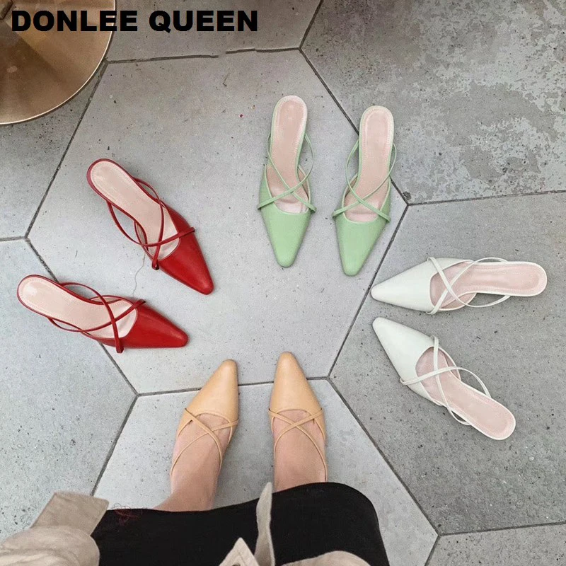 Весенние модные женские шлепанцы с острым носком брендовые на низком каблуке