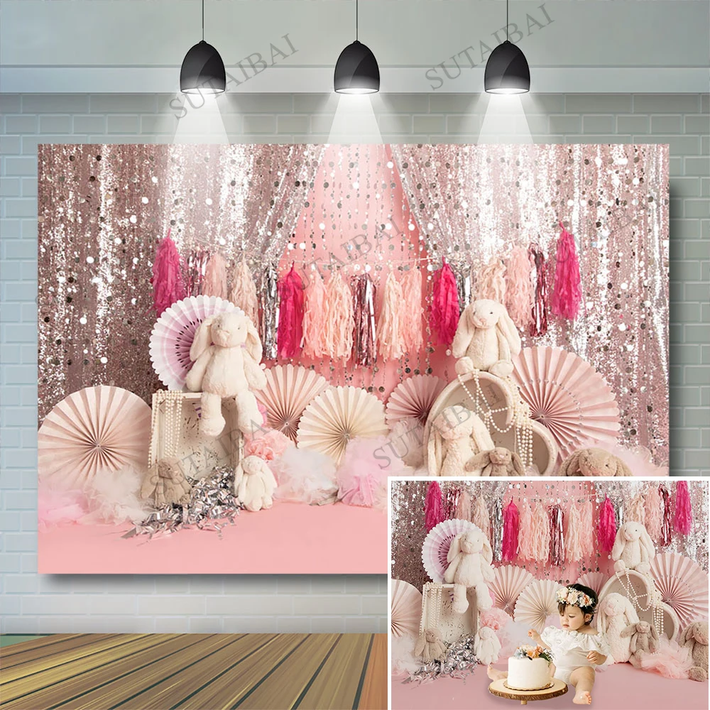 

Baby Shower Pink Backdrop Kids 1st Birthday Cake Smash Newborn Bunny Child Paper Floral Portrait Photography Background Studio
