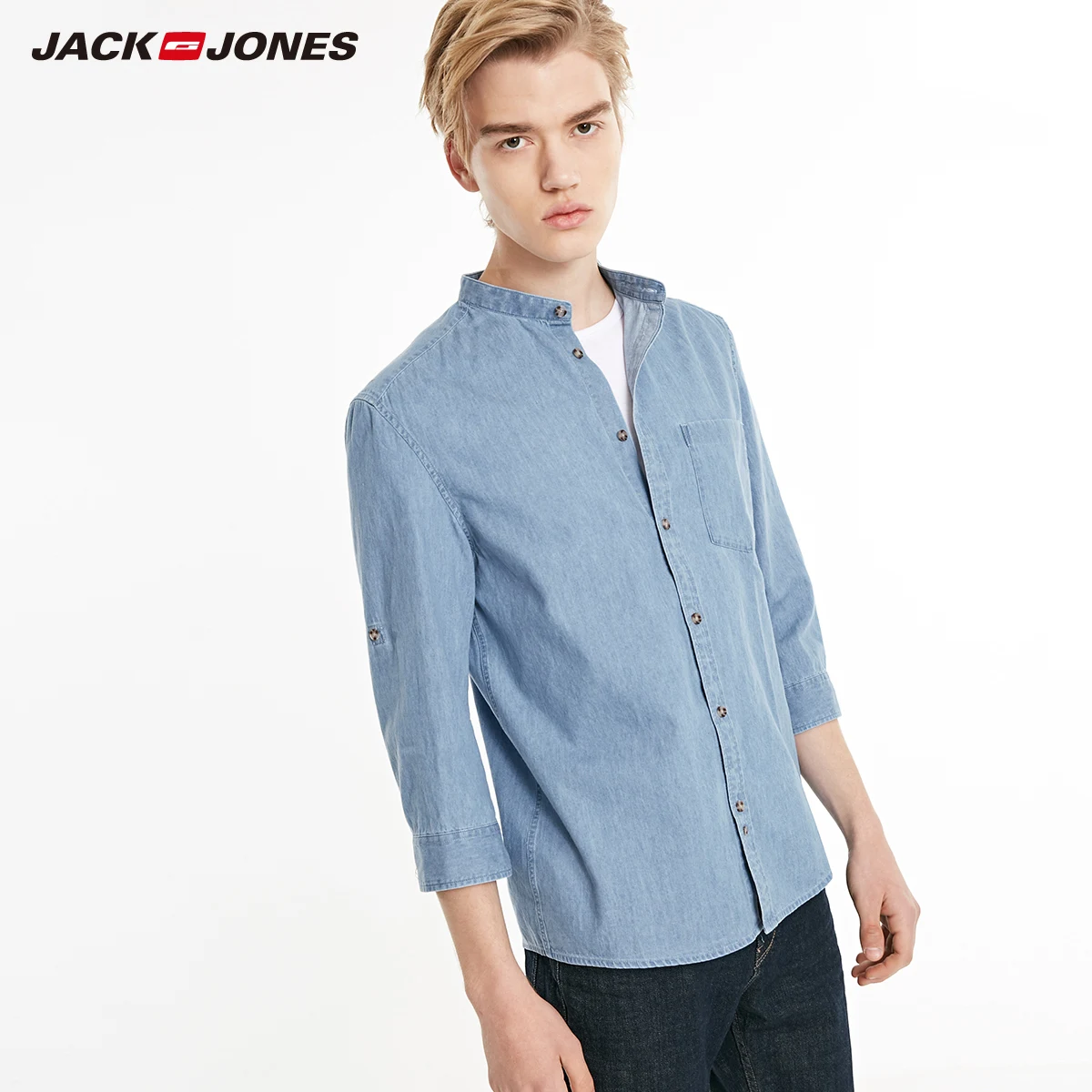 Мужская джинсовая рубашка JackJones 100% хлопок с воротником стойкой и рукавом 3/4