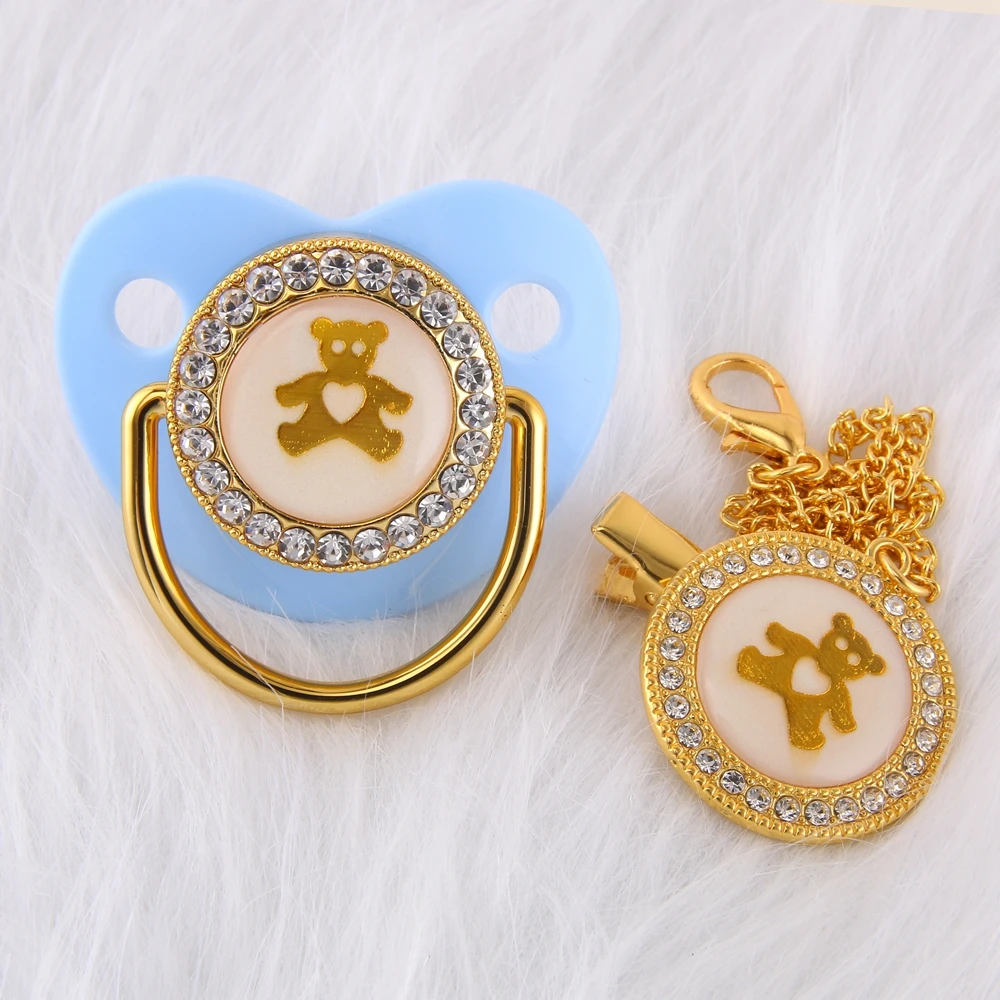 

Light Blue Baby Pacifier With Chain Clip Luxury Sucette Bebe BPA Free Golden Printed Cartoon Bear Chupete For 0-18 Months