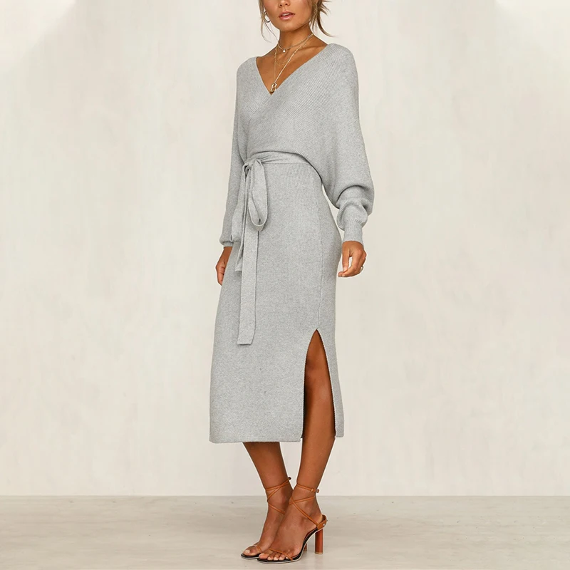 

NORMOV V-neck Knitted Midi Dress Women Autumn Winter Dress Sexy Backless Bodycon Dress Long Sleeve Irregular Hem