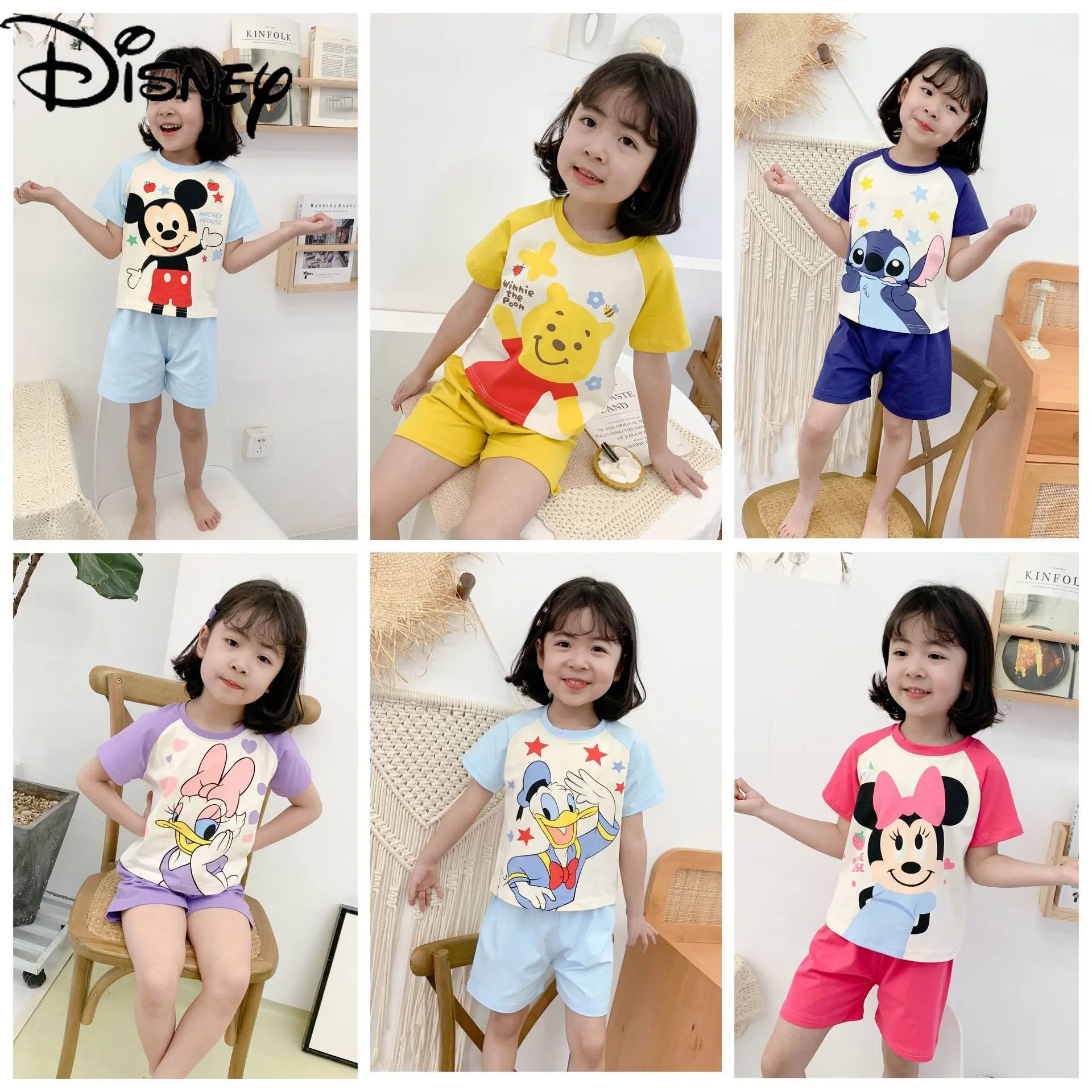 

Original Disney Mickey Mouse Minnie Winnie the Pooh Daisy Cartoon Short Sleeve Set Cotton Boys and Girls Cute Home Service Set